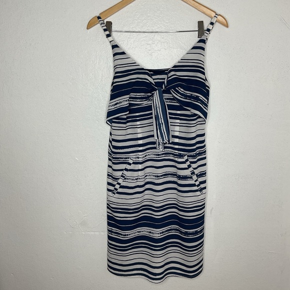CABI Navy White Striped Sleeveless V-neck Tie Front Mini Dress Nautical Beach XS - Picture 1 of 9
